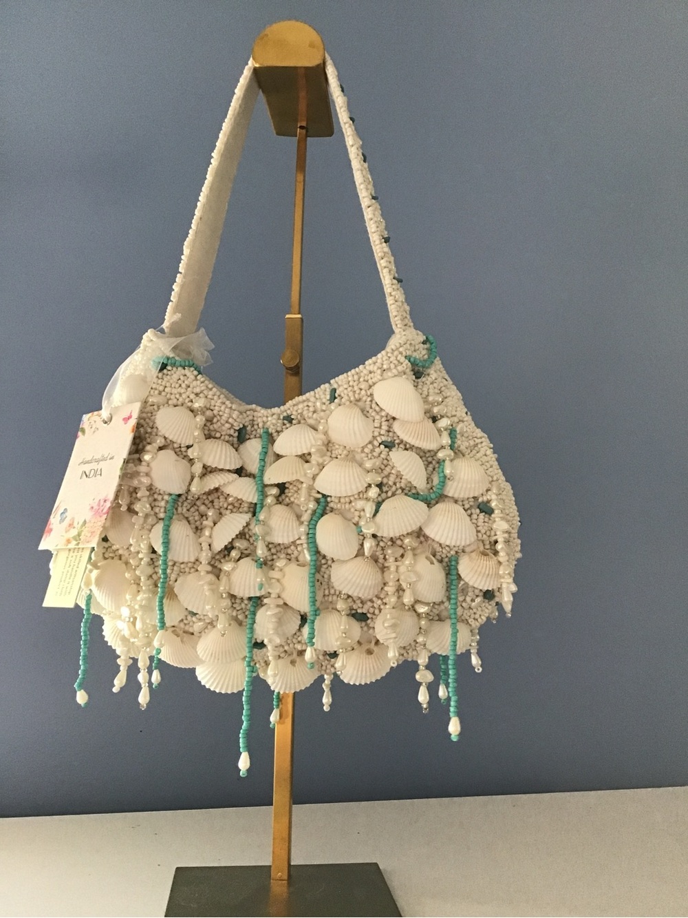 New Beaded White Shell Shoulder Bag with Aqua Tassel Accents